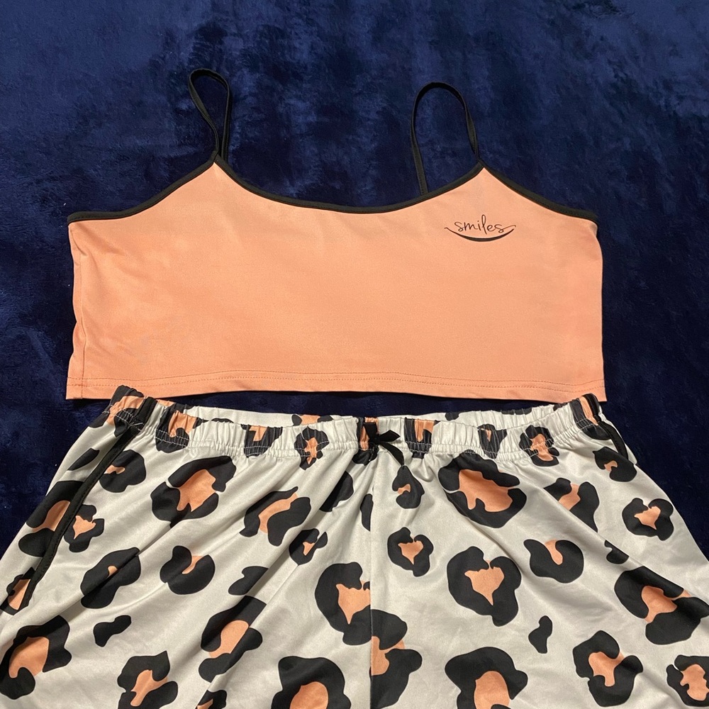 Smiley Peach and Black Leopard Print Pajama Set